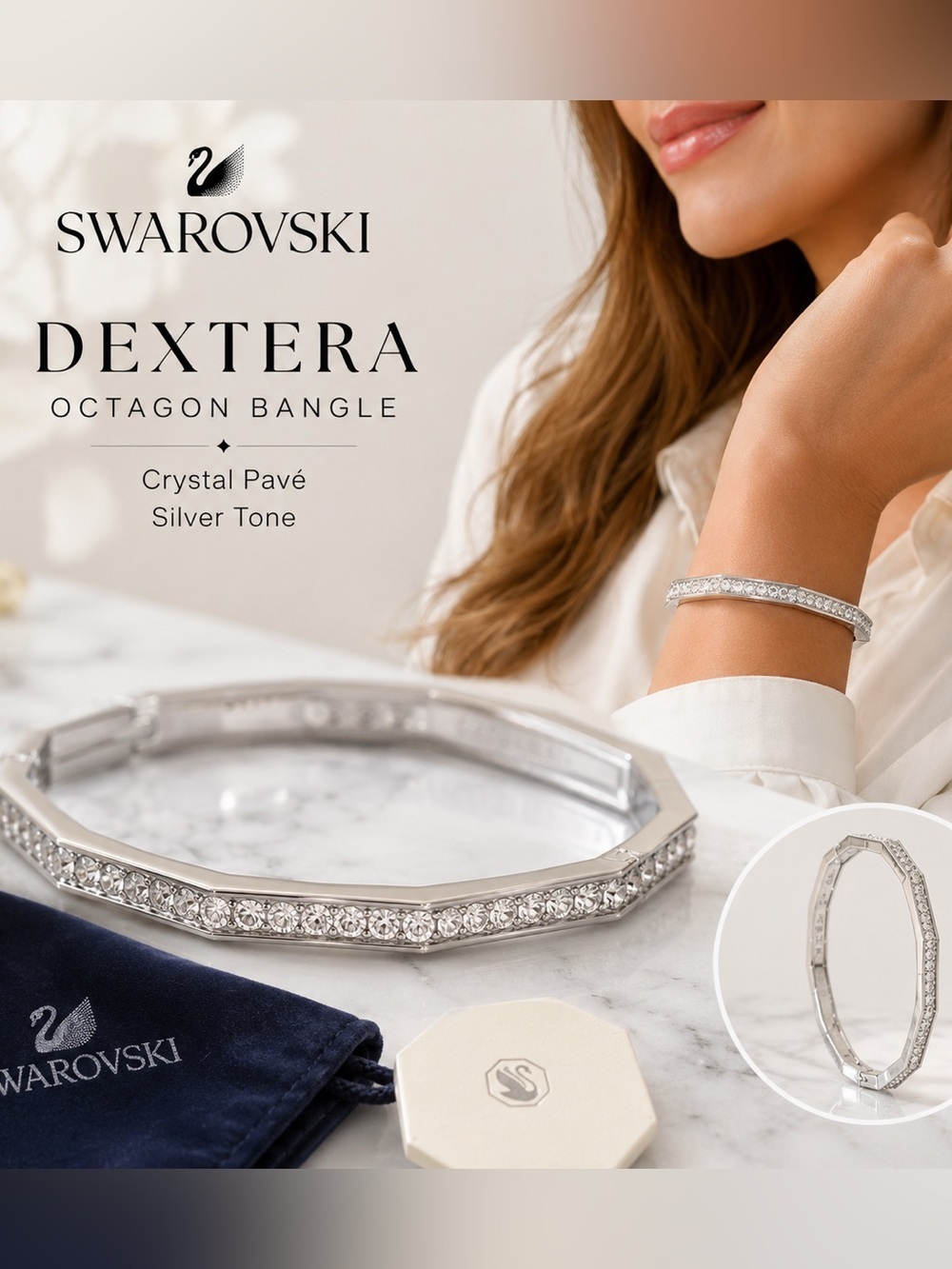 Swarovski Dextera Octagon Bangle Bracelet Crystal Pavé Silver Tone Hinged